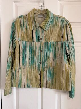 Chico's Painterly Stripe Button-Front Jacket in Green and Teal